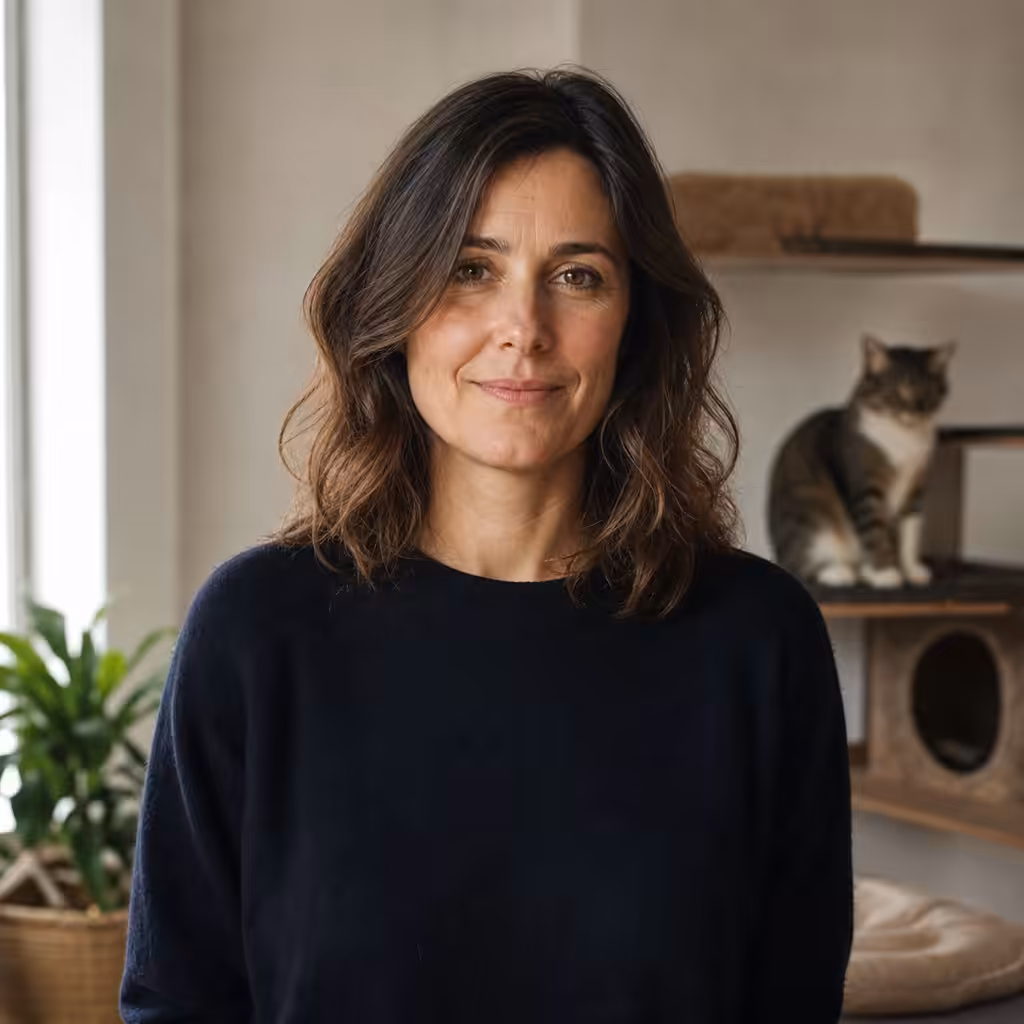 Femme souriante avec un chat en arrière-plan.