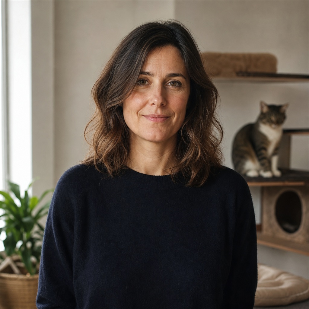 Femme souriante avec un chat en arrière-plan.